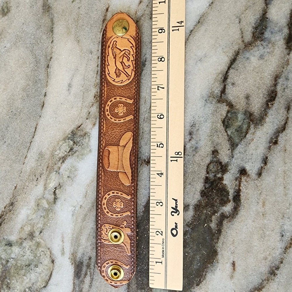 Vintage Full Grain Cowhide Leather Tooled Western Cuff Bracelet Horse Horseshoe
